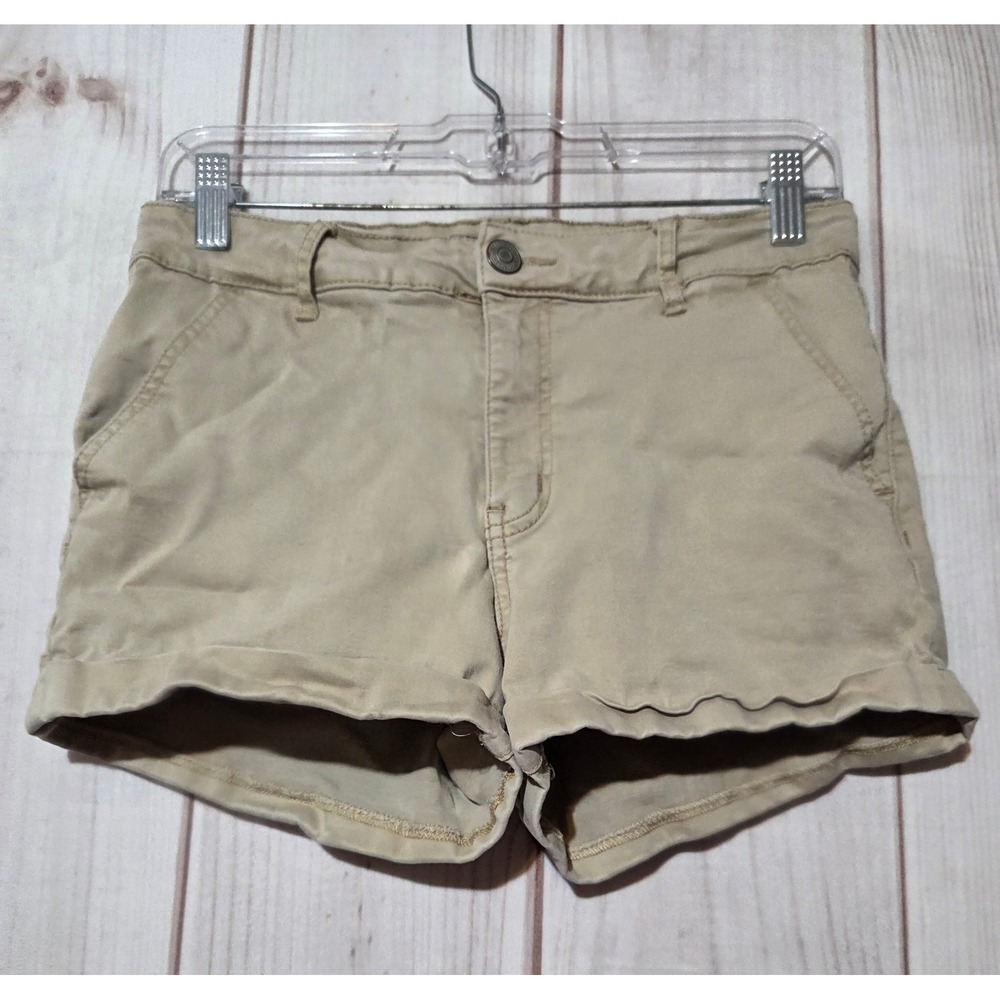 Aero Women Tan Khaki High Rise Midi Shorts Size 8 Stretch Rolled Hem Casual